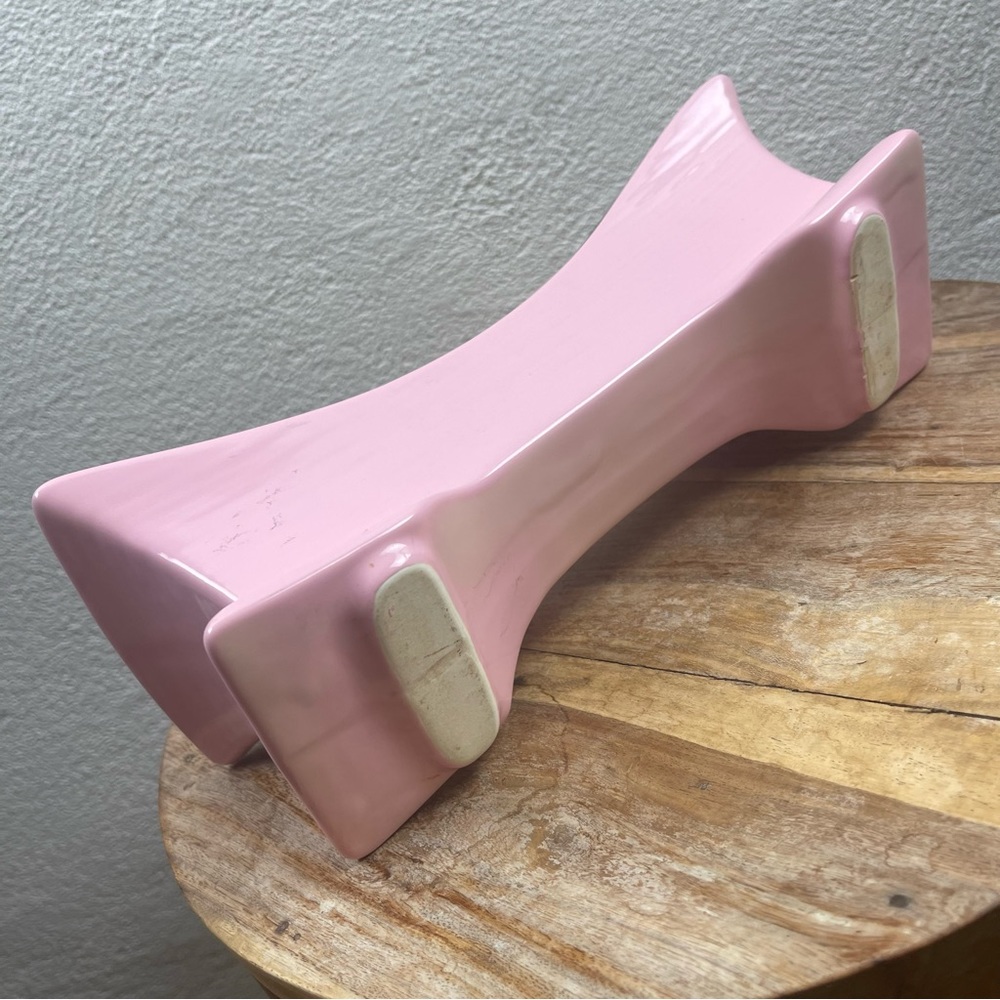Vintage l 50s Mid-Century Mod Kitsch Glossy Pink Black Trim Long Footed Planter - Picture 12 of 15